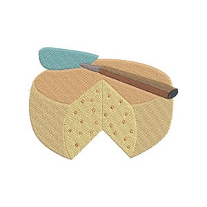 May include: An embroidered design of a round wheel of yellow cheese with a wedge cut out, revealing a textured interior with small holes. A light blue cheese spreader with a brown handle is positioned diagonally across the top of the cheese wheel.