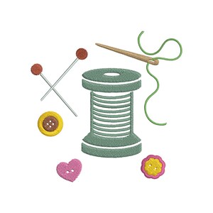 May include: An embroidered design featuring sewing notions on a white background. The image includes a spool of thread, a needle with green thread, two crossed pins, and three buttons in yellow, pink, and yellow with a brown center.