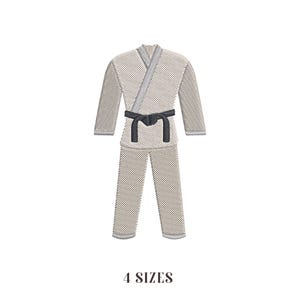 Może przedstawiać: Jasny beżowy strój do sztuk walki z czarnym pasem. Mundur składa się z kurtki i spodni, o teksturowanym wyglądzie. Tekst "4 SIZES" jest wyświetlany poniżej.