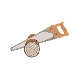 May include: An embroidered design featuring a handsaw cutting through a wooden log. The saw has a light brown handle and a silver blade with sharp teeth. The log is a light brown color with visible growth rings.