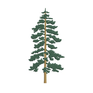 May include: An embroidery design of a tall evergreen tree featuring a textured brown trunk and layered, dark green needle branches. The stitching creates a distinct, dense pattern that mimics the natural silhouette of a coniferous tree.