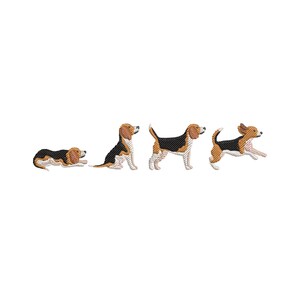 Pode incluir: Um design de bordado apresentando quatro cães da raça beagle em uma linha horizontal. Os cães estão representados em diferentes posições: deitado, sentado, em pé e saltando. Cada beagle tem uma pelagem tricolor de fio preto, castanho e branco.