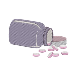 May include: An illustration of a tipped-over purple pill bottle with its lid next to it. Several pink and white pills are scattered around the bottle, suggesting the contents have spilled out. The image is set against a white background.