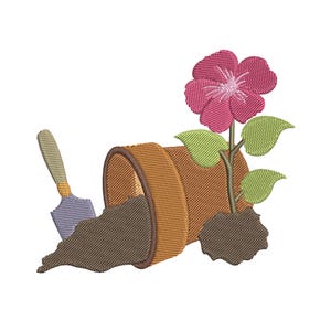 Diseño de bordado para trasplantar flores a macetas de barro con pala: patrón de máquina de jardinería