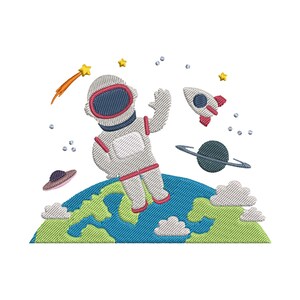May include: An embroidered patch featuring a gray astronaut waving above a blue and green Earth. The scene includes a red and white rocket, a dark blue planet with rings, a purple flying saucer, yellow stars, and white clouds in space.