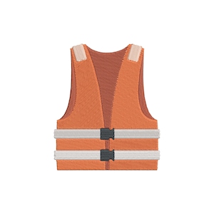 May include: An orange safety vest with two reflective white stripes and black buckles. The vest has a simple design with a high collar and velcro closures at the shoulders.