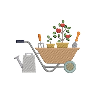 May include: An embroidered design featuring a gardening theme. A brown wheelbarrow holds potted plants with red fruits and green leaves, along with gardening tools. A watering can and a wheel complete the scene, all set against a white background.