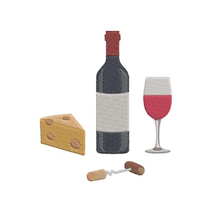 May include: An embroidered illustration of a wine bottle, a wine glass filled with red wine, a wedge of cheese, and a corkscrew. The wine bottle is dark with a red top, and the cheese is yellow with holes.