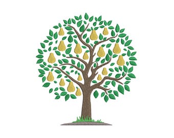 May include: An embroidery design of a pear tree with a brown trunk, green leaves, and yellow pears. The tree has a rounded canopy shape with branches extending outward. The base of the tree features a small patch of green grass and brown soil.