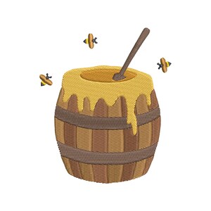 Diseño de bordado de miel dulce en frasco de madera con abejas volando: patrón para máquina de coser de alimentos