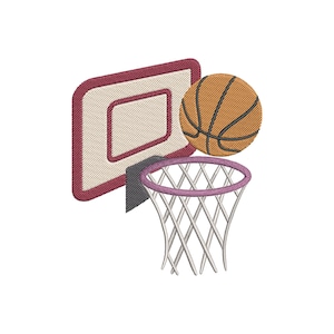 May include: An embroidered basketball hoop with a basketball. The backboard is burgundy with a tan center. The net is white with a purple rim. The basketball is brown with black lines.