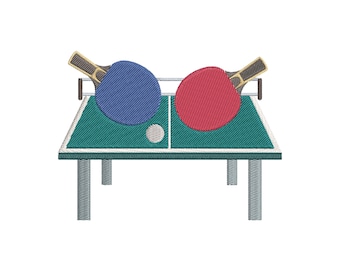 May include: An embroidered design of a teal ping pong table with a white net, featuring a blue paddle on the left, a red paddle on the right, and a small white ball resting on the surface. The table has four grey legs and a white border.