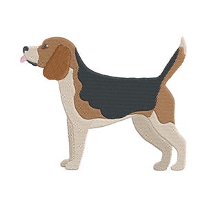 Könnte beinhalten: Ein Stickmuster eines Beagles im Profil, mit schwarzem Rücken, braunen Ohren und Hinterteil sowie weißer Brust, Schnauze und Beinen. Der Hund zeigt eine kleine rosa Zunge und hat den Schwanz in einem Winkel nach oben gerichtet.