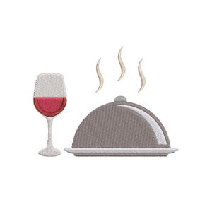 Puede incluir: Imagen bordada de una copa de vino tinto junto a una fuente cubierta. Tres líneas curvas se elevan del plato, sugiriendo vapor. El diseño está sobre un fondo blanco.