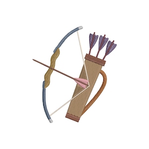 May include: An embroidered design featuring a bow and arrow with a quiver. The bow is blue and gold, with a brown arrow nocked. The quiver is brown with a handle, and holds three purple-fletched arrows. The design is on a white background.