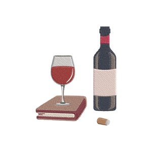 Può includere: Un disegno ricamato con un bicchiere di vino rosso, un libro chiuso, una bottiglia di vino e un tappo. La bottiglia di vino è scura con un collo rosso e un'etichetta vuota. Il libro è marrone con bordi rossi.