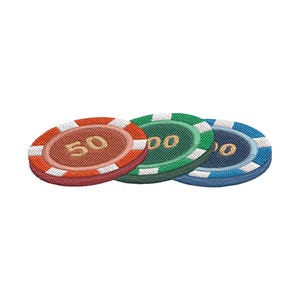 May include: Three embroidered poker chips in red, green, and blue. The red chip displays "50", the green chip shows "100", and the blue chip shows "200". Each chip has a white and colored striped border, and a tan center.