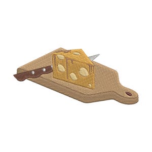 May include: An embroidered patch featuring a tan wooden cutting board with a brown-handled knife and a wedge of yellow Swiss cheese with visible holes. The design uses detailed stitching to create texture on the board, the knife, and the cheese.