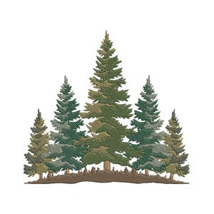 Pode incluir: Um design de bordado apresentando cinco árvores perenes dispostas em uma fileira, com a árvore mais alta no centro. As árvores são renderizadas em tons de linha verde-escura, oliva e verde-clara, mostrando uma textura detalhada por toda.
