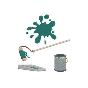 May include: An embroidered design featuring painting tools. Includes a teal paint splatter, a paint roller, a paint tray, and a paint can with a gold handle. The design is on a white background.