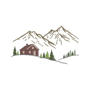 Può includere: Un disegno ricamato con una capanna marrone incastonata ai piedi di montagne color tan. In primo piano ci sono pini verdi e una piccola collina. Il disegno è su sfondo bianco.