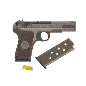 May include: An embroidered patch design featuring a brown and tan semi-automatic pistol, a matching rectangular magazine with six circular cutouts, and a single yellow and orange bullet positioned below the firearm components.