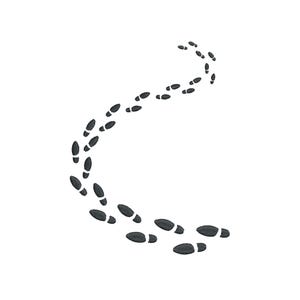 Puede incluir: Una serie de huellas grises oscuras, cada una con patrones de suela detallados, sobre un fondo blanco. Las huellas se curvan, sugiriendo un camino o viaje. El diseño sugiere movimiento y dirección.