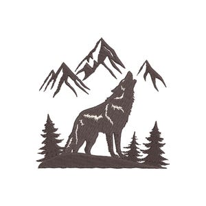 May include: A dark brown embroidery design featuring a wolf howling at the sky, positioned on a small hill. The scene includes three pointed mountain peaks in the background and four evergreen pine trees flanking the wolf on the left and right.