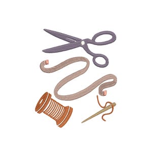May include: An illustration of sewing tools including a pair of purple scissors, a tan measuring tape, a spool of orange thread, and a needle with orange thread. The tools are arranged on a white background.