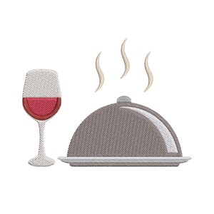 May include: An embroidery design featuring a wine glass filled with red liquid next to a silver serving cloche on a platter. Three stylized steam lines rise from the top of the cloche, indicating that the food underneath is hot and freshly served.