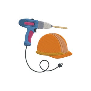 May include: An illustration of a blue and pink power drill with a yellow drill bit, a matching orange construction helmet, and a black power cord with a plug. The image is set against a white background.