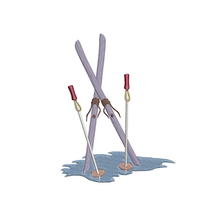 May include: Embroidered design of crossed lavender skis and two ski poles with red handles. The skis are tied together with brown straps. The poles are silver with red handles and brown tips. The design is on a blue and gray background.