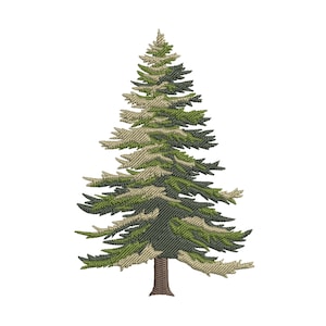 Könnte beinhalten: Ein gesticktes Tannenbaum-Motiv mit einem braunen Stamm und geschichteten Zweigen in den Farben Dunkelgrün, Hellgrün und Beige. Die Stickerei erzeugt eine strukturierte Optik mit deutlichen Stichen, die die Tannennadeln nachbilden.