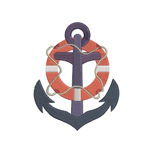 Puede incluir: Diseño náutico bordado con un ancla azul marino con una barra transversal púrpura, rodeada por un salvavidas naranja y blanco. Un detalle en forma de cuerda envuelve el salvavidas, creando un tema marítimo.