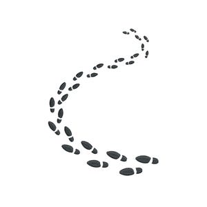 Puede incluir: Una serie de huellas de zapatos grises oscuros que se curvan sobre un fondo blanco. Las huellas están espaciadas uniformemente, sugiriendo un camino o sendero. El diseño es simple y gráfico.