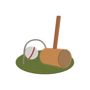 May include: An embroidered design featuring a croquet mallet, ball, and wicket on a green oval. The mallet is light brown with a textured handle. The ball is white with a red stripe, and the wicket is silver.
