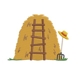 May include: An embroidered design featuring a large golden yellow haystack with a brown wooden ladder leaning against it. To the right of the haystack stands a black pitchfork with a yellow straw hat resting on its handle, all on green grass.