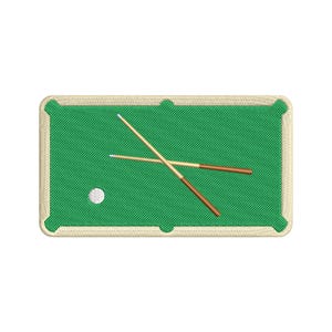 May include: A rectangular embroidered patch featuring a green pool table surface with a beige border. Two crossed wooden pool cues are positioned in the center, and a single white billiard ball is located in the lower left corner of the table.