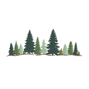May include: An embroidery design featuring a horizontal row of various evergreen trees in shades of dark green, forest green, and light sage green. The trees are arranged in a staggered line with a thin, wavy brown line running along the base.