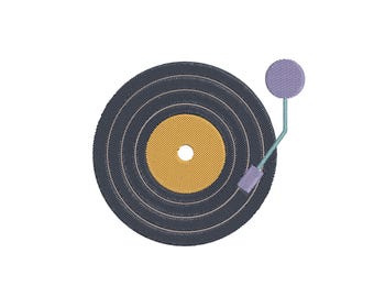 May include: An embroidery design of a vinyl record with a dark gray grooved surface and a central yellow label. A light blue tone arm extends from the side, ending in a light purple circular weight and a matching light purple cartridge head.