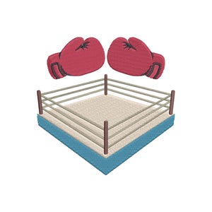 May include: An embroidered design featuring a boxing ring with red boxing gloves above it. The ring has a tan interior, brown posts, and silver ropes. The gloves are red with black accents, and the ring has a blue border.