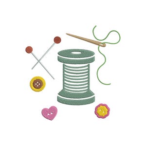 May include: An illustration of sewing notions on a white background. The image includes a spool of thread, a needle with green thread, two crossed pins, and three buttons in the shape of a heart, a flower, and a circle.