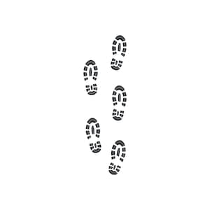 May include: Black embroidered shoe prints in a scattered pattern against a white background. The shoe prints are detailed with tread patterns, suggesting a walking or hiking theme. The design is simple and graphic.