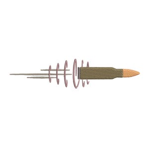 May include: An embroidered design featuring a bullet with a tan casing and a copper-colored tip, positioned horizontally. To the left of the bullet are several thin, curved, and straight lines in a muted mauve color, creating a motion effect.