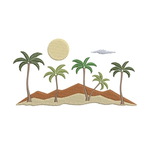 May include: Embroidered design depicting a tropical island scene. It features palm trees, a sun, and a cloud. The design uses shades of green, brown, and tan against a white background. The style is reminiscent of a vintage travel poster.