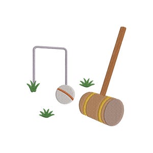 May include: An embroidered design of a croquet set, including a wooden mallet with gold bands, a ball with an orange stripe, and a hoop. Green grass accents are scattered around the set, all on a white background.