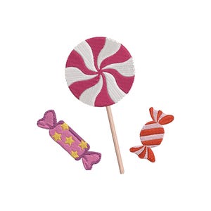 May include: An embroidered design of a pink and white swirled lollipop on a stick, and two wrapped sweets. One sweet is pink with yellow stars, and the other is red and white striped.