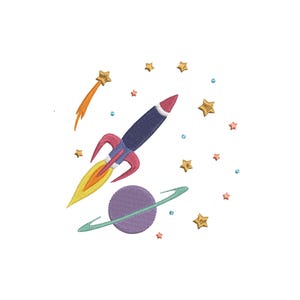 May include: Embroidered space-themed design featuring a navy blue rocket with red and white accents, shooting upwards. Surrounding the rocket are gold stars, a purple planet with teal rings, and an orange shooting star. The design is on a white background.