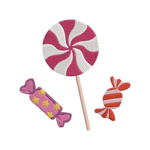 Könnte beinhalten: Ein Stickmuster mit einem runden Lutscher mit rosa-weißen Wirbeln an einem Stiel, einem rosa Bonbonpapier mit gelben Sternen und einem kleineren Bonbonpapier mit roten und weißen horizontalen Streifen auf einem weißen Hintergrund.