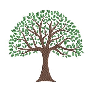 Könnte beinhalten: Ein Stickmuster eines Baumes mit einem dicken braunen Stamm und weit verzweigten Ästen. Der Baum ist mit zahlreichen kleinen, detaillierten grünen Blättern gefüllt. Das gesamte Bild zeigt ein strukturiertes Stichmuster in den braunen und grünen Bereichen.